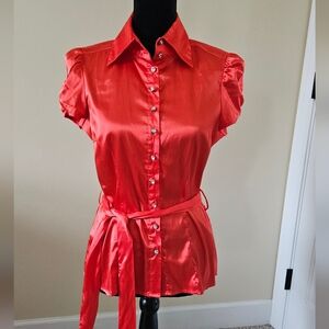 VTG Y2K Vixen Coral Red Short Sleeve Button Up Satin Blouse Top Size Large 01-09